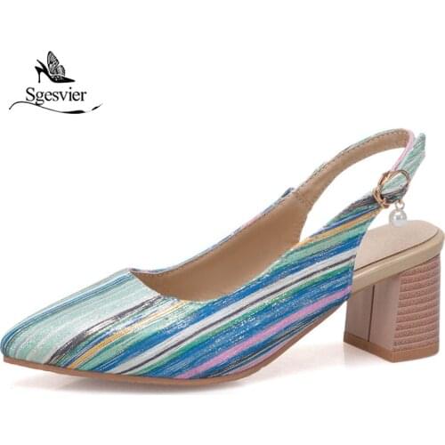 Sgesvier 2019 hot sale women sandals buckle summer strips shoes square high heels shoes elegant party wedding shoes woman G132