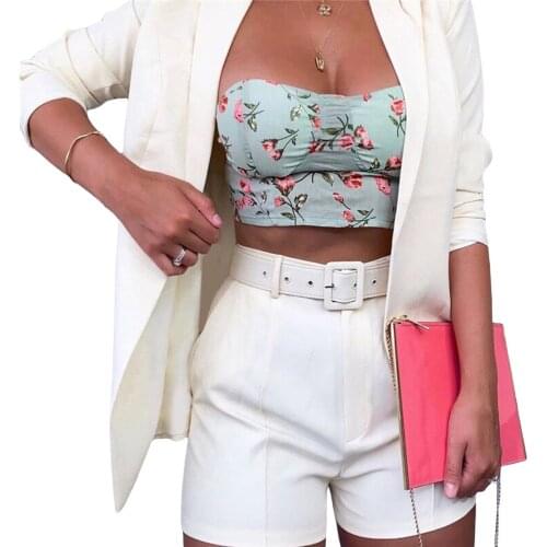 Women’s Two Piece Fall Outfits Long Sleeve Open Front Blazer and Belted Shorts Set