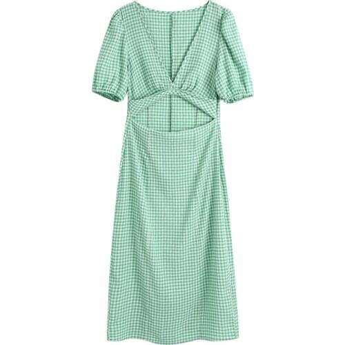 Evfer Women Fashion Open Waist Green Plaid Print Za Summer Long Dress Female Casual Short Puff Sleeve V-Neck Slit Chic Dresses