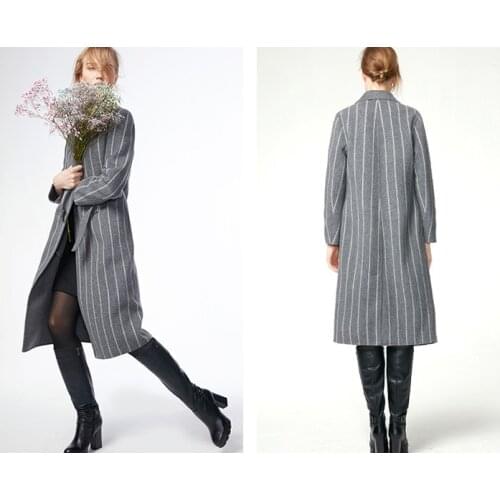 Winter Long Jackets And Coats Women European Brand Gray Striped Wool Coat Female Windbreaker Casual Tops LX1923