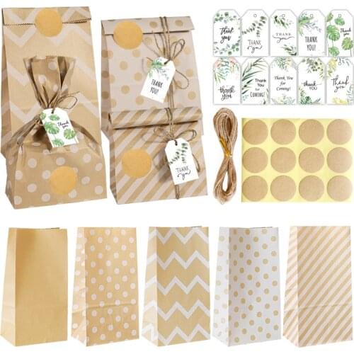 30/40Sets Retro Kraft Paper Bags Stripe Dot Chevron Blank Stand Up Gift Bags Wedding Party Packaging Bag Decoration Suplies