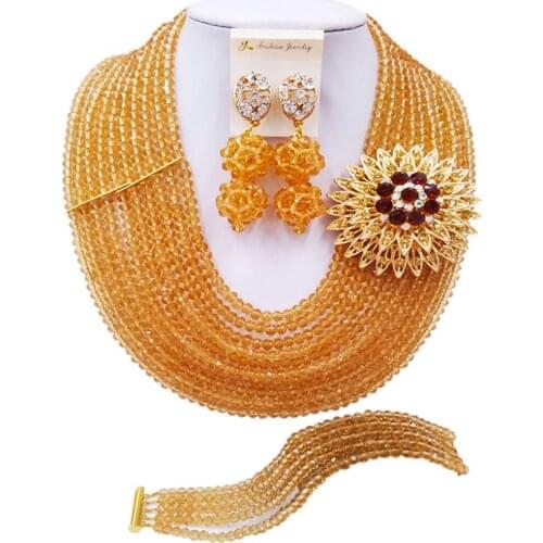 ACZUV Classic Champagne Gold Nigerian Wedding African Beads Jewelry Set Crystal Necklace and Earrings 10C-DS016