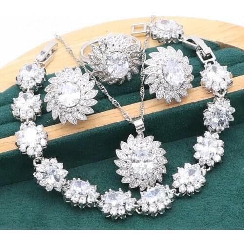 White Zircon Stones Silver Jewelry Set for Women Bracelet Stud Earrings Necklace Pendant Ring Party Wedding Gift