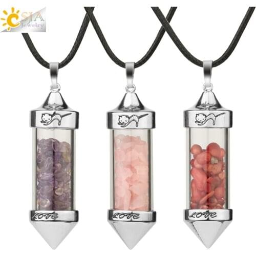 CSJA Wishing Bottle Pendants Necklaces Natural Stone Gravel Bullet Shaped Pendant Romantic Love Anniversary Gift for Female G184