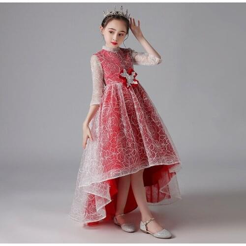 Flower Girl Dresses Illusion Embroidert Pearls High Half Princess Knee-Length Tulle Lace Luxury Pink Cute Kids Party Gown H636