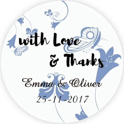 DouxArt 100 Pieces Personalized with Love & Thanks Wedding Stickers, 4CM Flowers Communion Baptism Favors Party Gift Labels