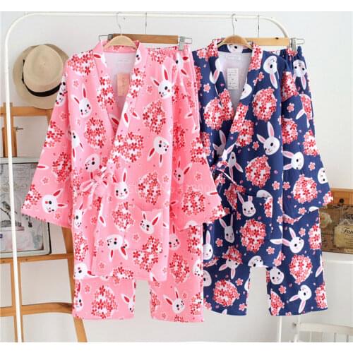 Asian Japan Kimono Traditional Fashion Clothing Pants Set Sakura Rabbit Women Pajamas Summer Cotton Yukata Short Sleeve Homewear