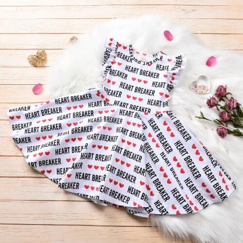 Valentines Day 1-7Y Princess Kids Girls Dress Casual Letter Heart Print Fly Sleeve Round Neck Knee Length A-Line Dress