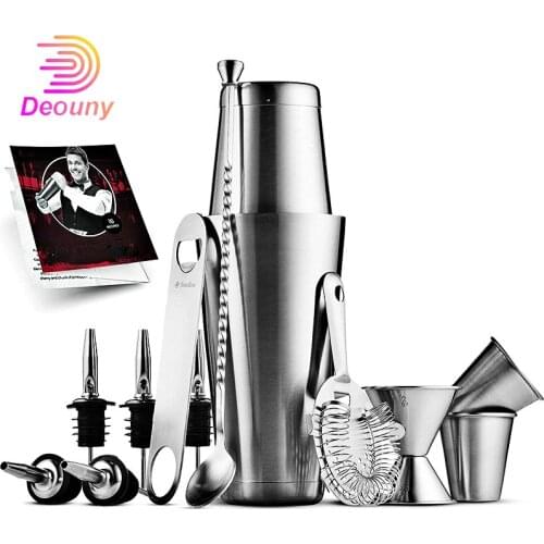 14PCS Cocktail Shaker Bar Tools Set Brushed Stainless Steel Bartender Kit Strainer Double Jigger Spoon Bottle Opener Pour Spouts