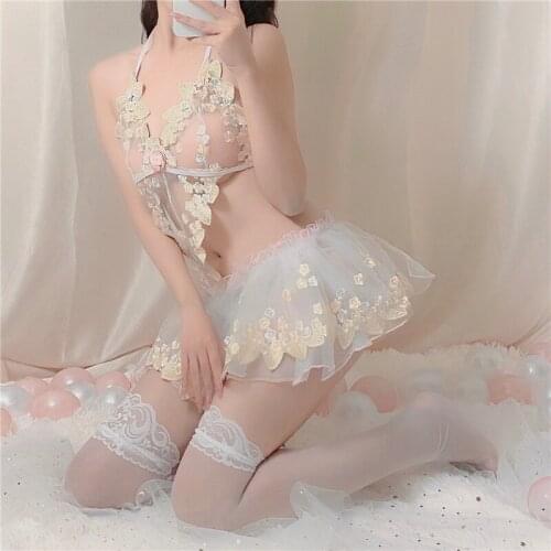 Sentiment underwear flower mesh embroidery condole belt set lace hollow out perspective hollow out perspective sexy small skirt