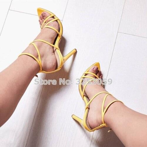 ALMUDENA Newest Arrival Pointed Toe Candy Color Cross Strappy Sandals Stiletto Heels Red Black Pink Candy Color Cage Shoes Pumps