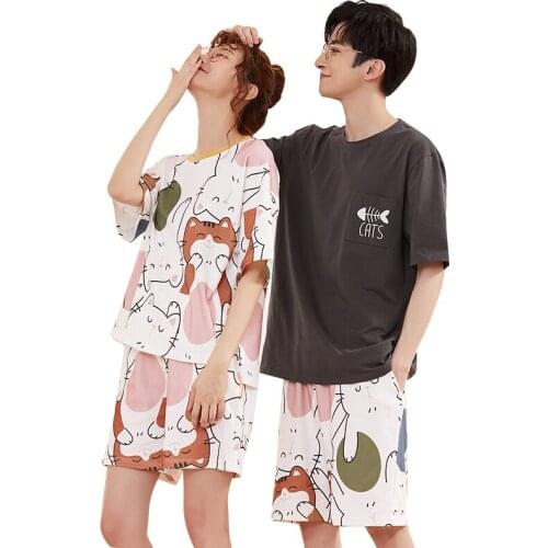 Summer Fashion Cartoon Pajama Sets for Women 100% Cotton Men Sleepwear Couple Nightwear