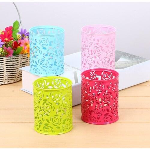 Multipurpose Metal Hollow Rose Flower Design Cylinder Pen Pencil Pot Holder Container Retro Women Makeup Brush Storage Box