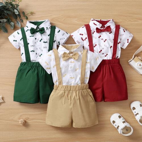 Summer Baby Boys Clothes Set Beard Print Short Sleeve Lapel Neck Shirt+Solid Color Suspender Shorts Gentleman Outfits for 0-18M