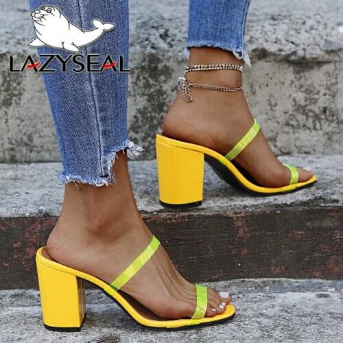 LazySeal 2021 New Yellow Summer Slides Women 8cm High Square Heels Slippers For Ladies Flip Flops Snake Pattern Shoes For Women