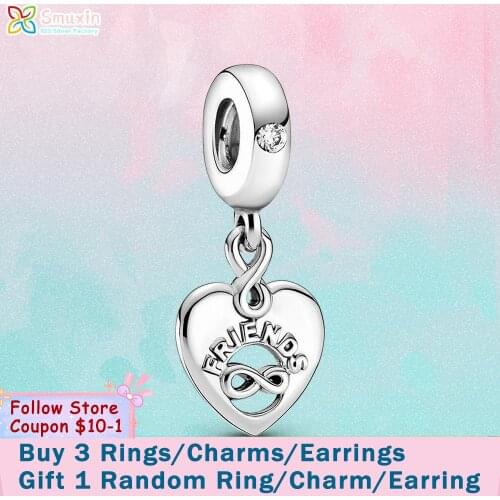 Smuxin 925 Sterling Silver Beads Friends Forever Heart Dangle Charm fit Original Pandora Bracelets for Women Jewelry Making Gift