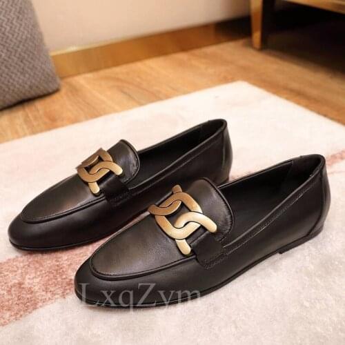 Chain Decor Women Flats Shoes Spring Ladies Loafers Office Shoes Casual Sneakers for Woman Round Toe Cow Leather Autumn Shoes