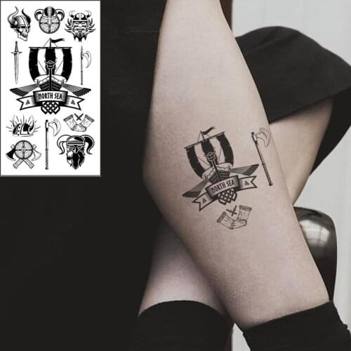 Waterproof Temporary Tattoo Sticker Horn Hat Warrior Pattern Knife Ax Sword Word NORTH SEA Flash Tatoo Fake Tatto for Men Women
