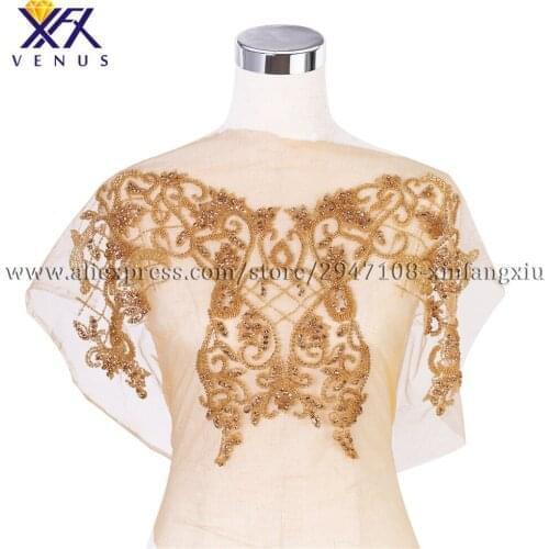XFX VENUS pretty formal dress Gold beaded bodice yellow mesh rhinestone applique embroidery patches sew on applique