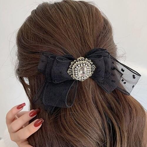 MOGAKU Retro Bow Hairpin Women Rhinestone Hair Clips for Girls Vintage Handmade Yarn Hairgrips Palace Style Elegant Hair Jewelry