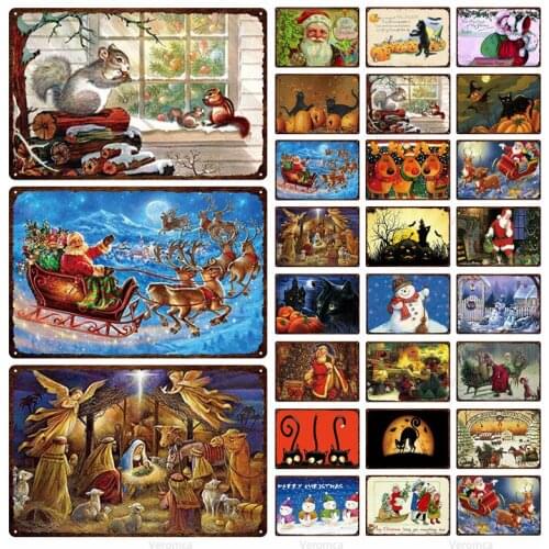 Iron Painting Christmas Card Vintage Metal Tin Sign Halloween Wall Decoration Retro Poster Plaque For Living Room Home Party