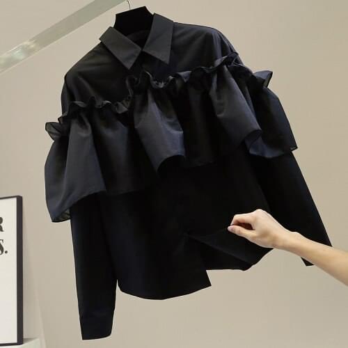 Retro Big Ruffled Solid Color Shirt Woman 2021 Spring New High-End Fashion Blouse Ladies Long Sleeve Lapel Top White Black