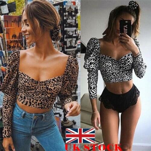 Hirigin 2019 New Fashion Cool Women Scoop Neck Leopard Tops Long Sleeve Casual Blouse Slim Puff Sleeve Square Collar Streetwear