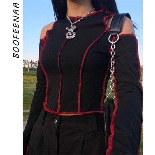 BOOFEENAA Contrast Stitch Black Sexy Fitted Tshirts Women Gothic Clothing Harajuku Cold Shoulder Long Sleeve Crop Tops C15-BZ13