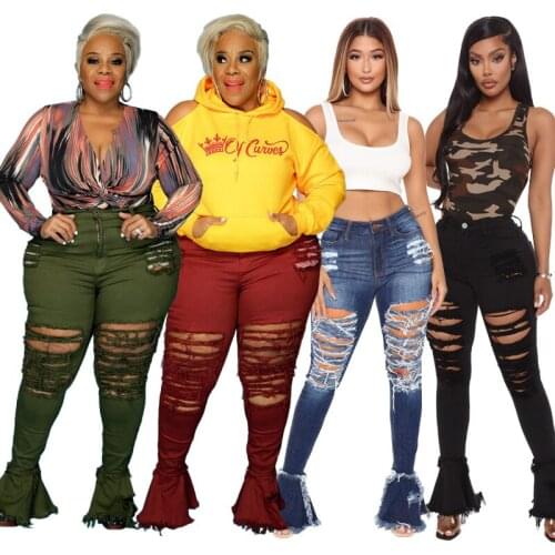 Plus Size Ripped Jeans for Women Mid Waisted Mom Denim Light Flare Pencil Pants Trendy Autumn Trousers Street Wear Wholesale