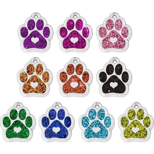 100PCS Silver Colorful Glitter Pet Dog Cat Footprints Heart Pendant Necklace Charms For Handmade Jewelry Key Chains Necklace