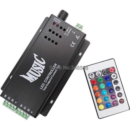 12V - 24V 12A Sound Activated Music Controller Black Color with 24key IR Remote Control 144W 2 Ports Output for RGB LED Strip