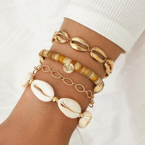 4 Pcs/Set Bohemian Vintage Multilayer Beads Shell Sequin Geometric Bracelets for Women Ethnic Bracelets Set Jewelry Gifts