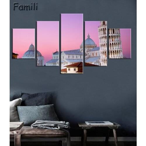 5Panels Wall Art Painting Modern Building The Leaning Tower of Pisa Canvas Painting Wall Art Pictures for Living Room UnframedFJ