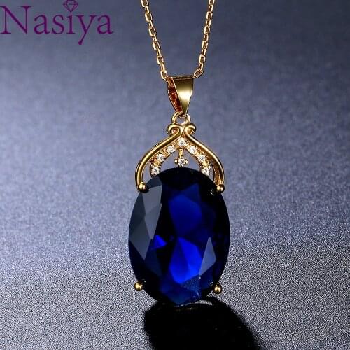 Amethyst Sapphire Gemstone Charm 18k Gold Plated Silver 36CT Oval Crystal Zircon Pendant Necklace Lady Wedding Jewelry
