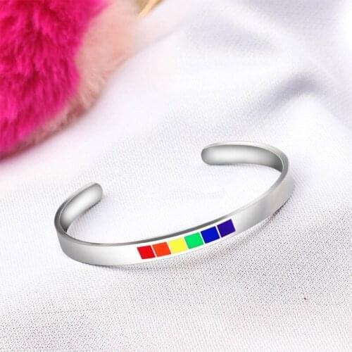 Rainbow Love Pride Bracelets Lesbian & Gay Stainless Steel Enamel Cuff Bangle