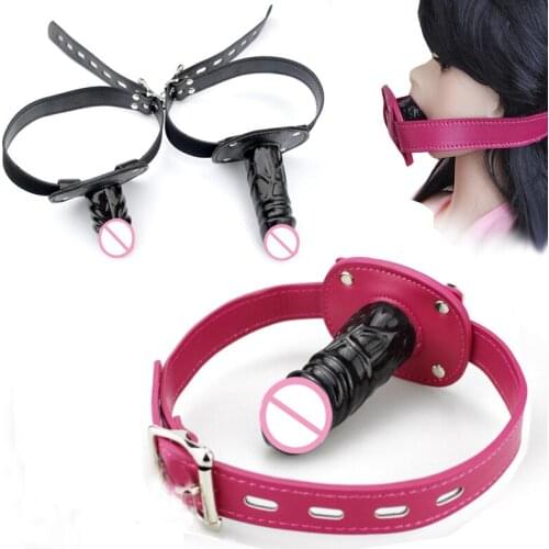 PU Leather Silicone Penis Plug Oral Dildo Mouth Gag Fetish BDSM Bondage Slave Cosplay Sex Oral Fixation Adult Game For Couple