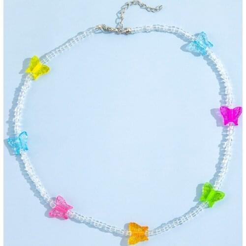 Harajuku Transparent Crystal Butterfly Necklace For Women Beads DIY Candy Color Vintage Necklace Charms 90s Aesthetic New Gift