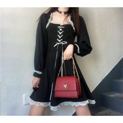 Kawaii clothing sweet lolita dress Black Strap Dress Lace Stitching Square Collar Scheming A- line goth lolita victorian dress