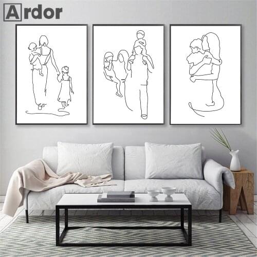 Family Line Drawing Wall Art Father Mother And Daughters Son Canvas Poster Abstract Figures Print Painting Pictures Home Decor