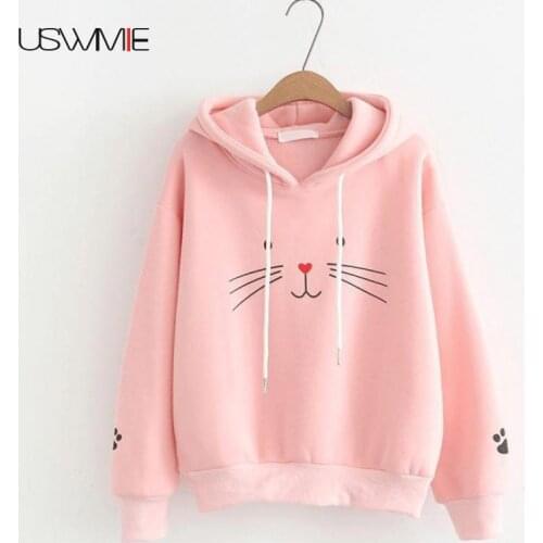 Cheap Womens Plus Size Hoodies Casual Plush Lovely Cat Long Sleeve Casual Kawaii Women Hoodies Leisure Comfort Outwear Pullovers