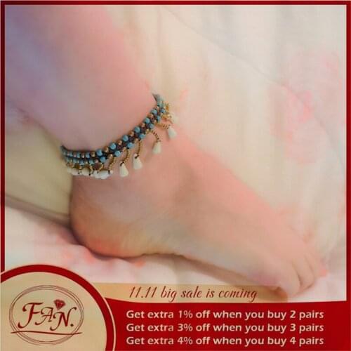 2021 Trend Summer Gift Chinese Ethnic Style Blue Beads & White Pendants with Copper Bell Hand Braided Foot Anklet for Girl Women