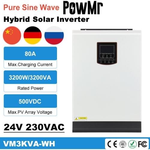 PowMr MPPT Solar Hybrid Inverter 3200W Pure Sine Wave 80A Charge Controller 24VDC To 230VAC All in One Max 4000W PV Input 500V