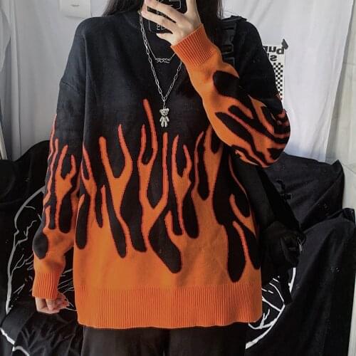 Harajuku Pullovers Women Men 2020 Autumn Sweaters Casual Loose Flame Pattern Aesthetic Grunge Couple Clothes High Street