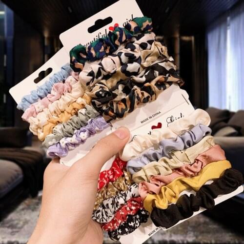 1Set Satin Silk Solid Color Hair Scrunchies For Women Elastic Hair Bands Printing Flower Pattern Hair Accessories Headdress