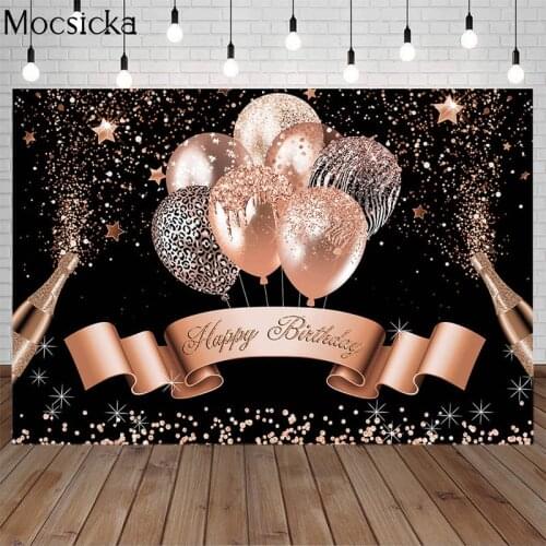 Rose Gold Birthday Backdrops For Girls Women Happy Birthday Party Decor Photoshoot Black Rose Gold Glitter Bokeh Balloon Banners