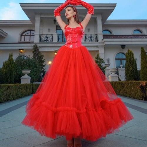 Sexy Red Leather Prom Dresses 2021 Spaghetti Strap Ball Gown Ankle Length Tulle Formal Party Gown свадебное платье пышное