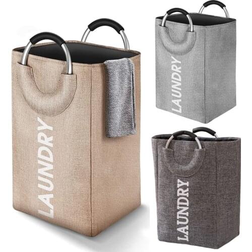 Collapsible Fabric Laundry Hamper with Ring Aluminum Handle for Easy Carry Portable Washing Bin Folding Clothes Bag