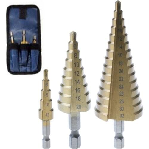 3pcs HSS Titanium Coated Step Drill Bit 4-12 4-20 4-32 Drilling Power Tools Metal High Speed Steel Wood Hole Cutter Cone Drill