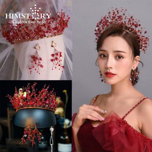 Himstory Fashion Red Crystal Beads Hairband Earring Wedding Hair Jewelry Bridal Hairwear Handmade Flower Headband For Girls
