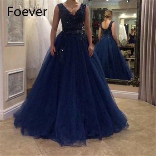 Navy Blue Evening Dress 2019 New A Line Appliques Lace Beaded Special Occasion Prom Gowns Evening Dresses Custom Made
